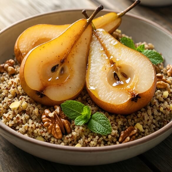 Warm Cinnamon-Ginger Quinoa Breakfast Bowls with Poached Pears