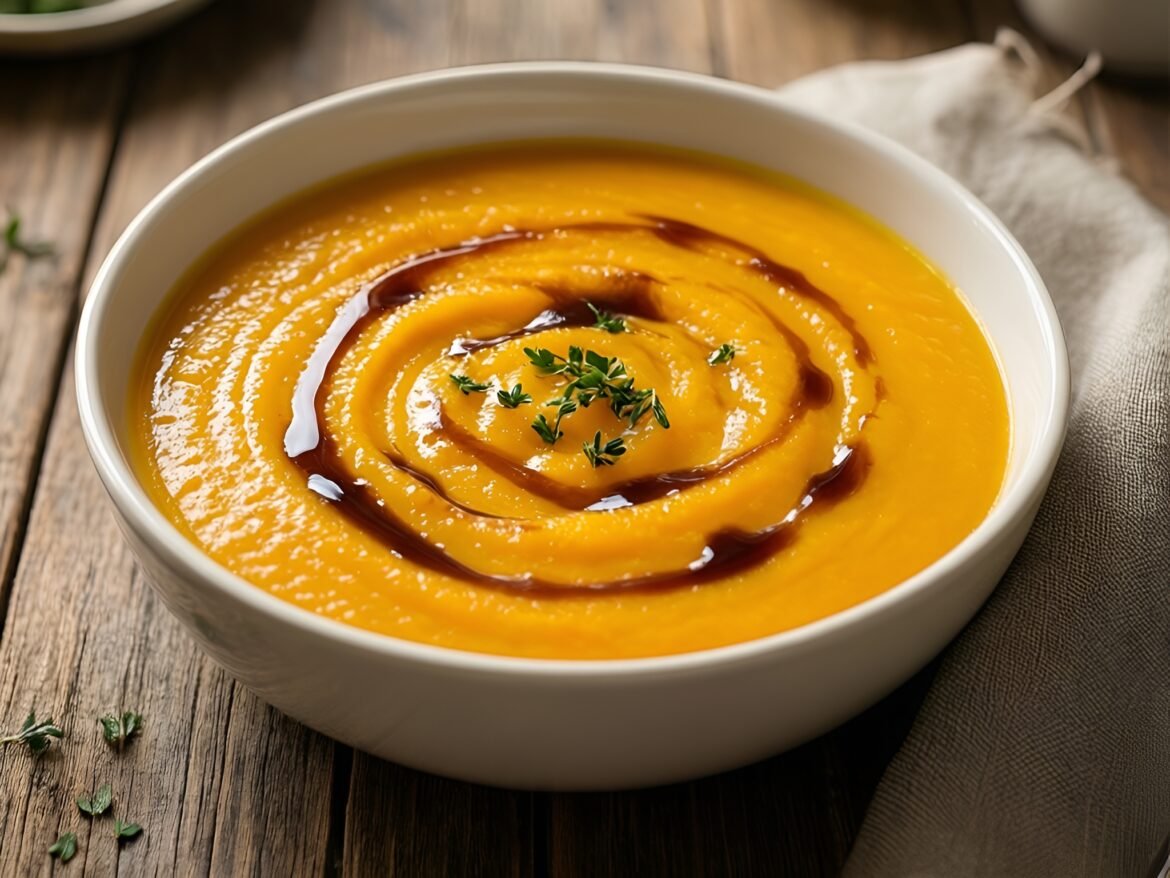 Warm Spiced Butternut Squash and Apple Cider Soup with Maple Drizzle
