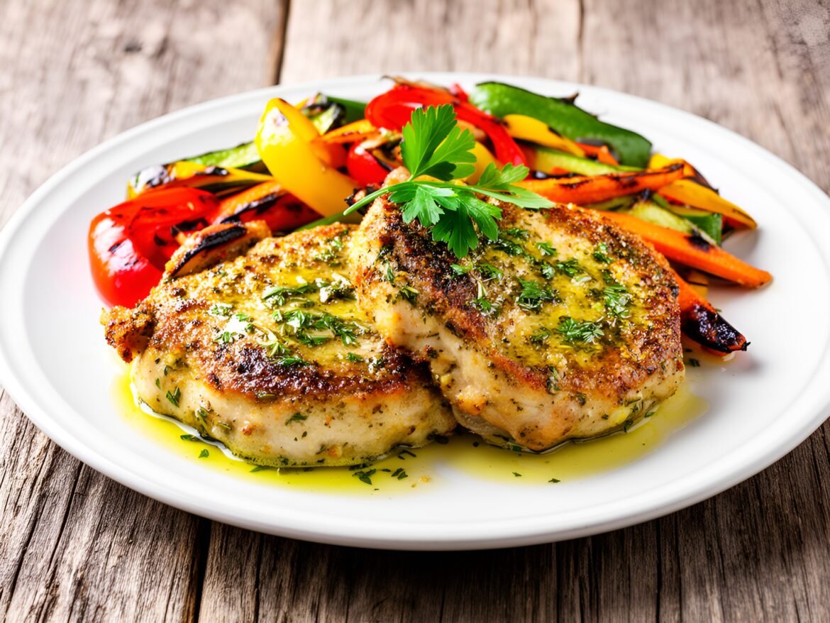 Zesty Lemon-Dijon Herb-Crusted Pork Chops with Vibrant Roasted Veggie Medley