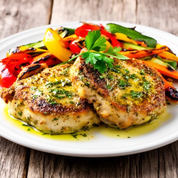 Zesty Lemon-Dijon Herb-Crusted Pork Chops with Vibrant Roasted Veggie Medley