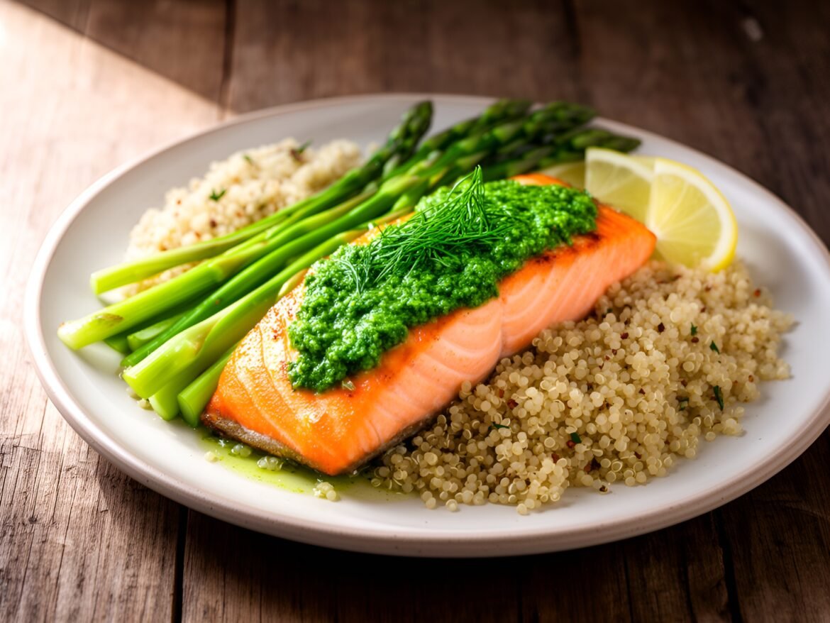 Zesty Lemon-Dill Pesto Salmon with Garlic-Infused Quinoa and Tender Asparagus