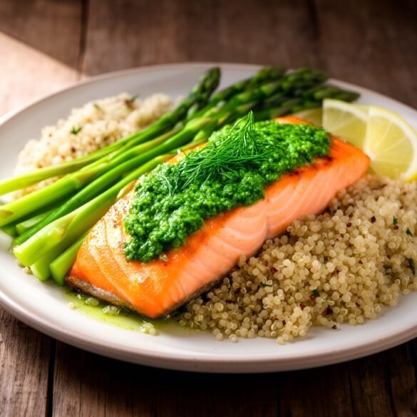 Zesty Lemon-Dill Pesto Salmon with Garlic-Infused Quinoa and Tender Asparagus