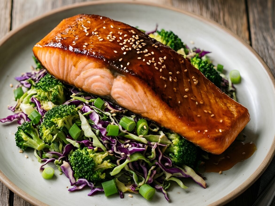 Zesty Maple-Mustard Glazed Salmon with Crunchy Broccoli Slaw