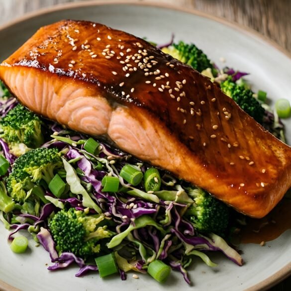 Zesty Maple-Mustard Glazed Salmon with Crunchy Broccoli Slaw