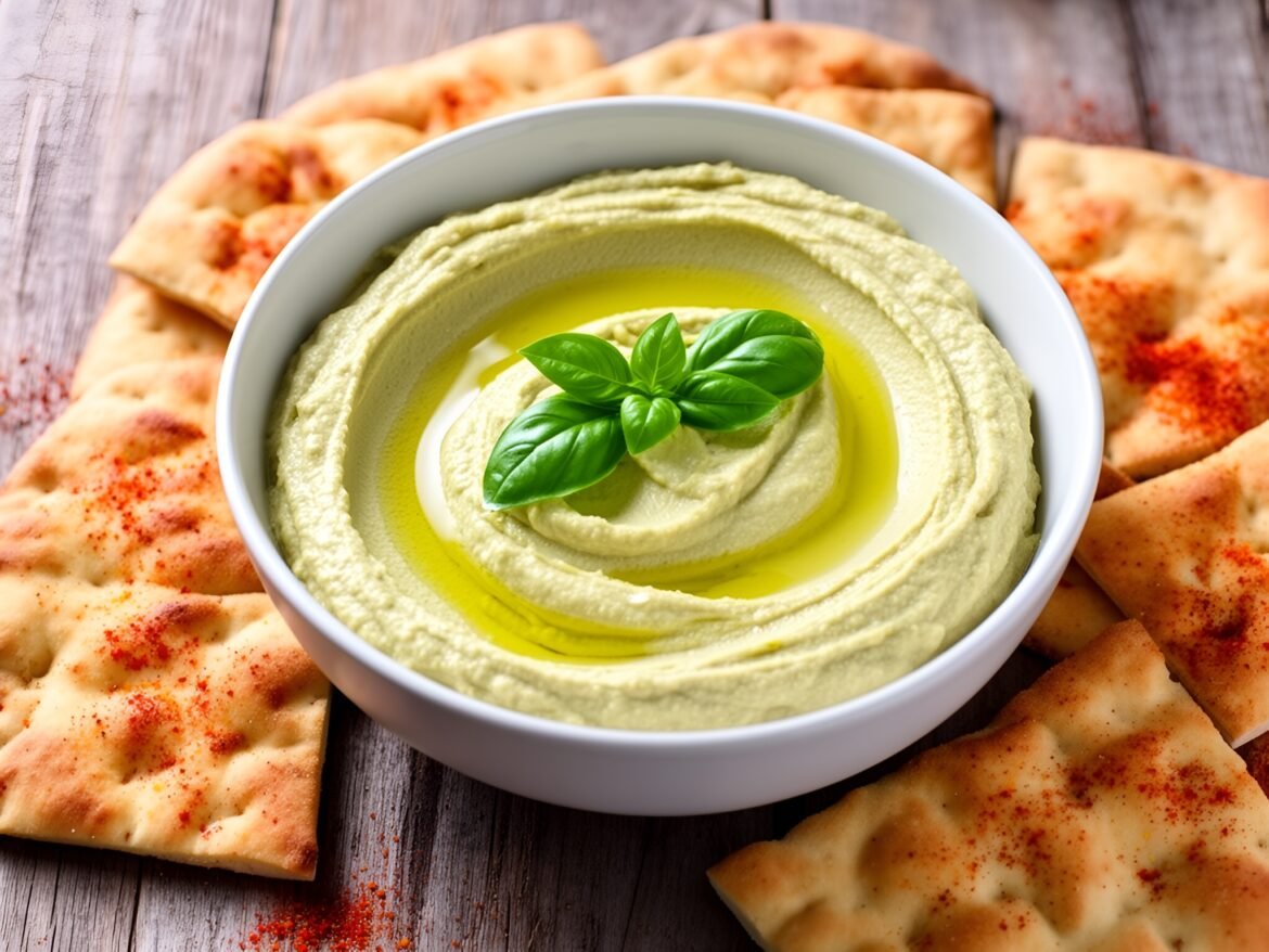 Basil-Lemon Hummus with Zesty Spicy Pita Chips