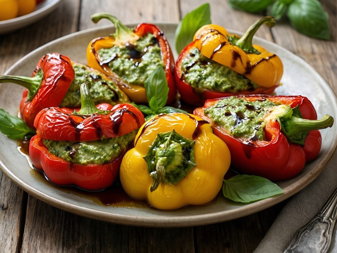 Basil-Pesto Stuffed Mini Peppers with a Balsamic Glaze
