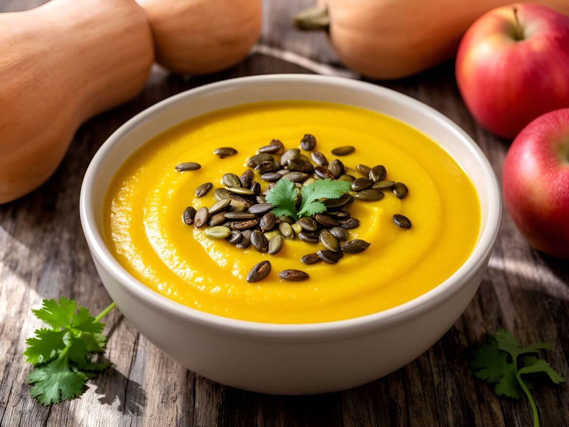 Creamy Curried Butternut Squash and Apple Soup with Crunchy Pumpkin Seeds