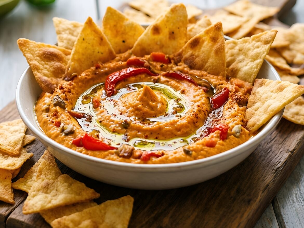 Creamy Zesty Greek Yogurt and Roasted Red Pepper Dip with Crunchy Pita Chips