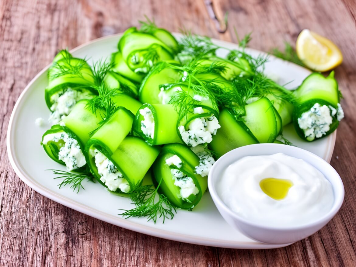 Crisp Cucumber and Feta Roll-Ups with Zesty Yogurt Dip