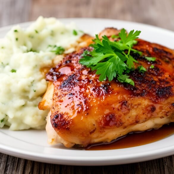 Crispy Maple-Bourbon Glazed Chicken with Garlic Mashed Cauliflower