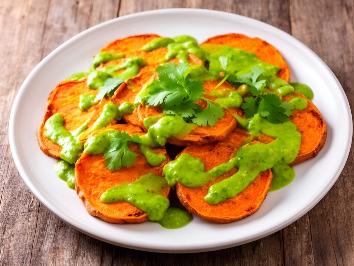 Crispy Sweet Potato Nacho Bites with Spicy Avocado Drizzle