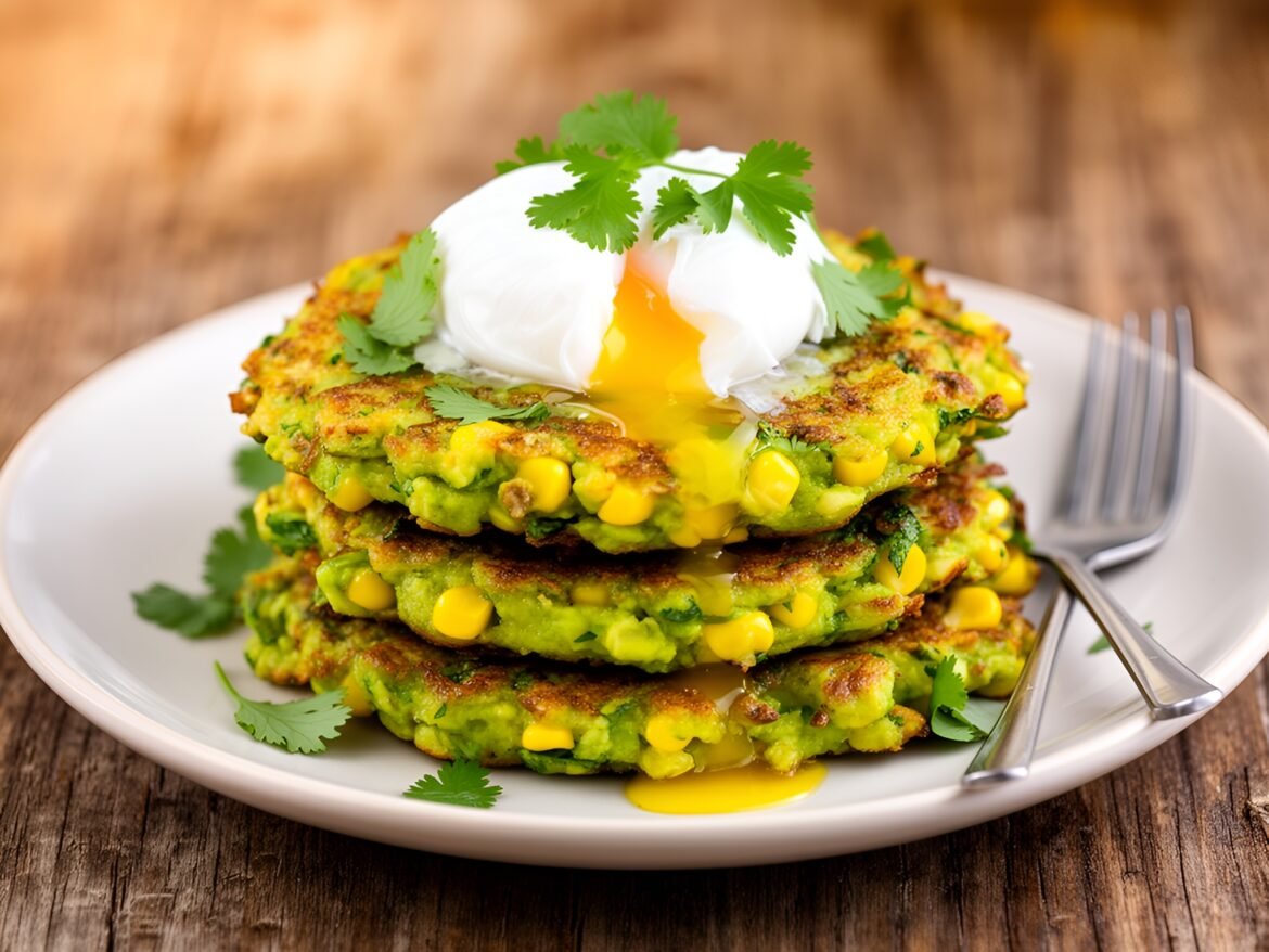 Crispy Zesty Avocado-Corn Fritters Topped with Poached Eggs