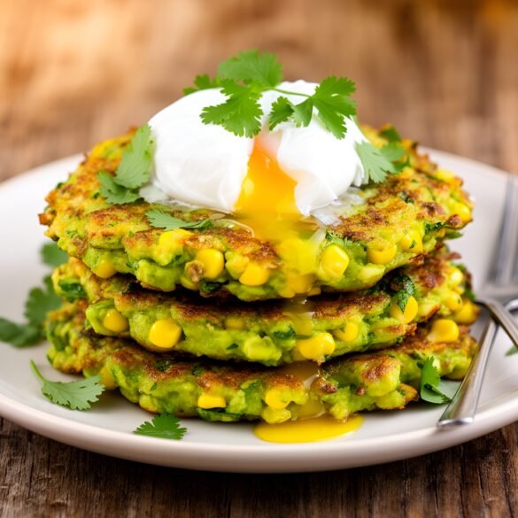 Crispy Zesty Avocado-Corn Fritters Topped with Poached Eggs