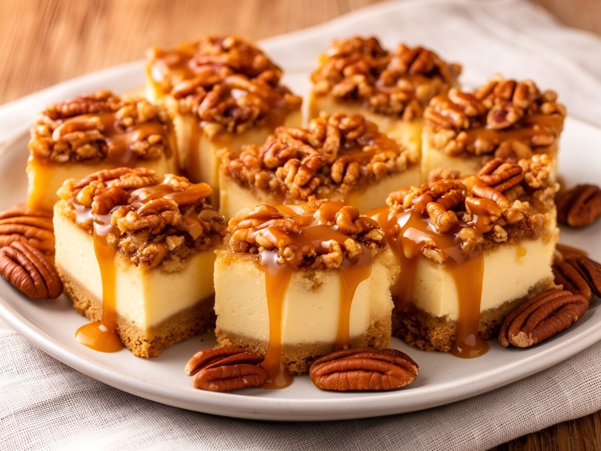 Decadent Caramel-Pecan Praline Cheesecake Bars