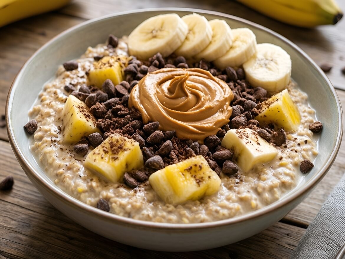 Decadent Peanut Butter-Banana Overnight Oats with Cocoa Nibs