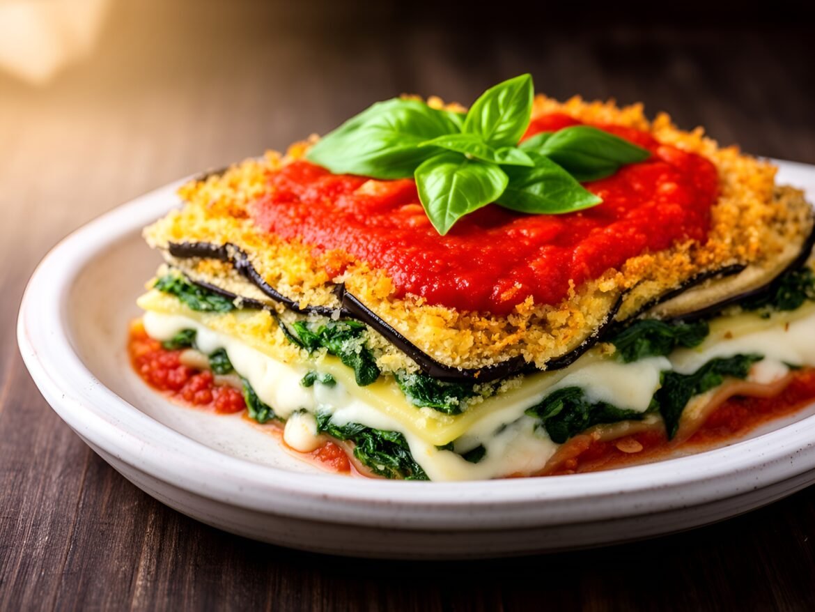 Garlic Parmesan Crusted Eggplant Lasagna with Spinach