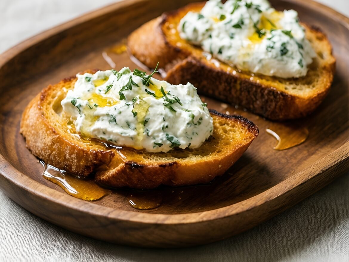 Herb-Infused Whipped Ricotta on Grilled Crostini with Honey Drizzle