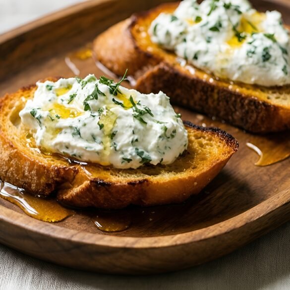 Herb-Infused Whipped Ricotta on Grilled Crostini with Honey Drizzle