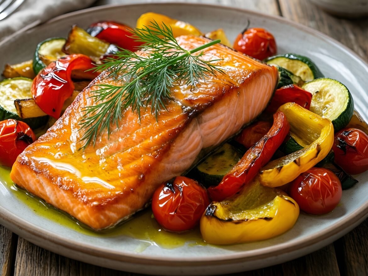 Lemon-Dill Infused Salmon Fillets with Colorful Roasted Veggie Medley