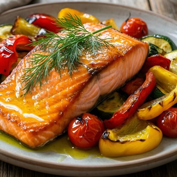 Lemon-Dill Infused Salmon Fillets with Colorful Roasted Veggie Medley