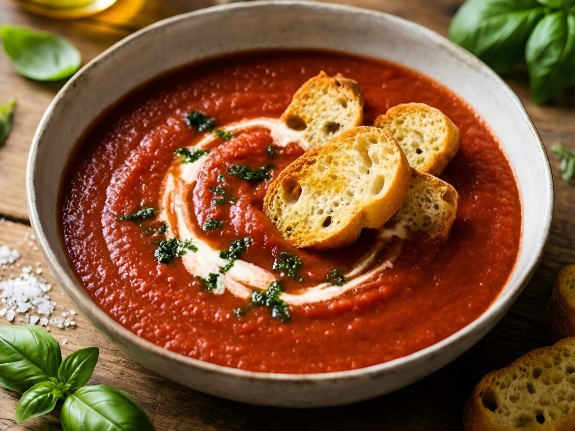 Lusciously Creamy Tomato-Basil Bisque with Crunchy Baguette Croutons