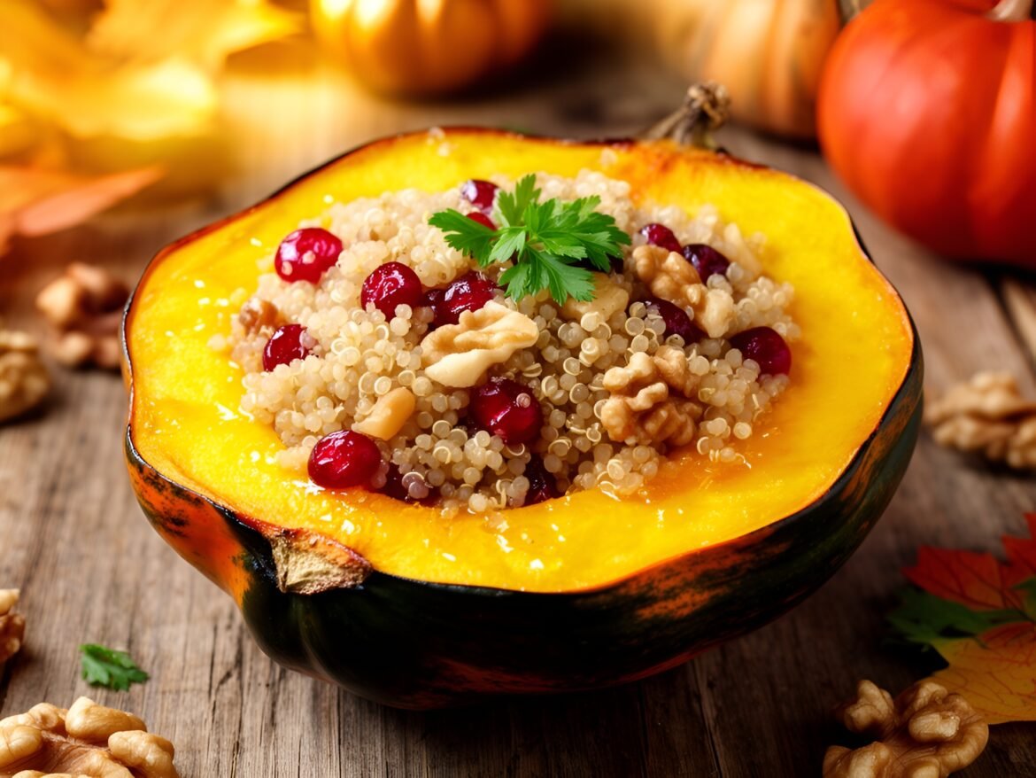 Quinoa-Stuffed Acorn Squash with Cranberry Maple Drizzle