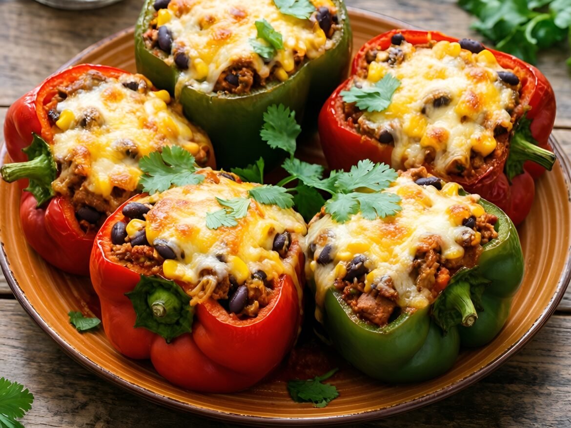 Spicy Turkey and Black Bean Stuffed Bell Peppers with Cheesy Topping