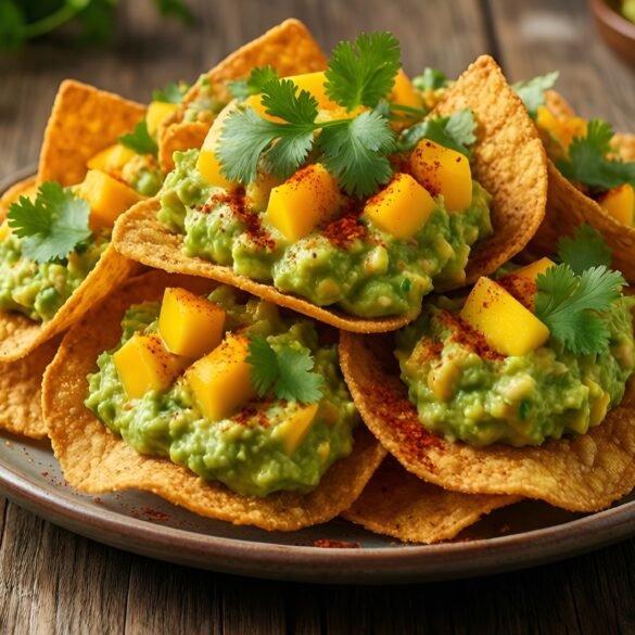 Sweet and Spicy Mango-Guacamole Bites on Corn Totopos