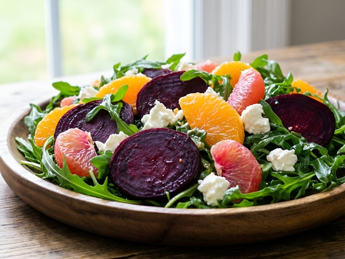 Vibrant Roasted Beet and Citrus Arugula Salad with Goat Cheese Crumbles