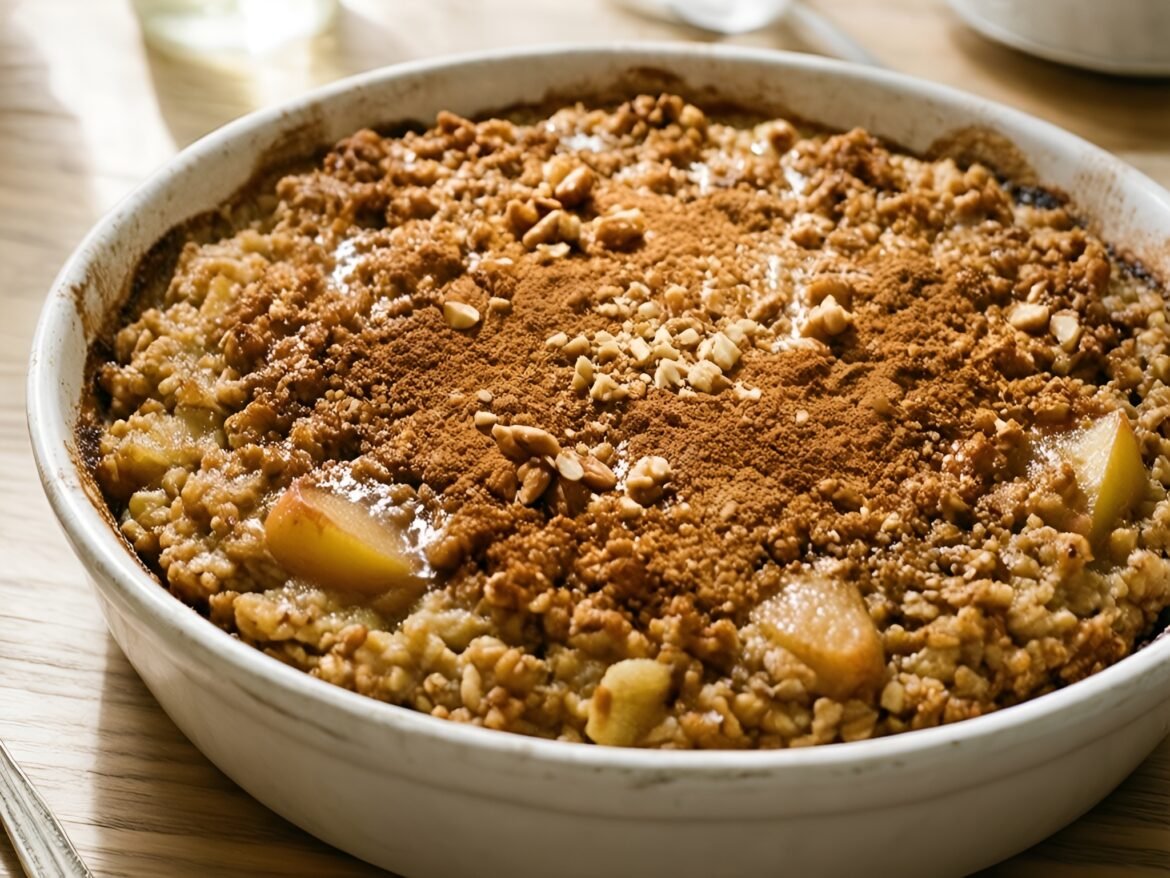 Warm and Wholesome Cardamom-Spiced Apple Oatmeal Bake with Crunchy Topping