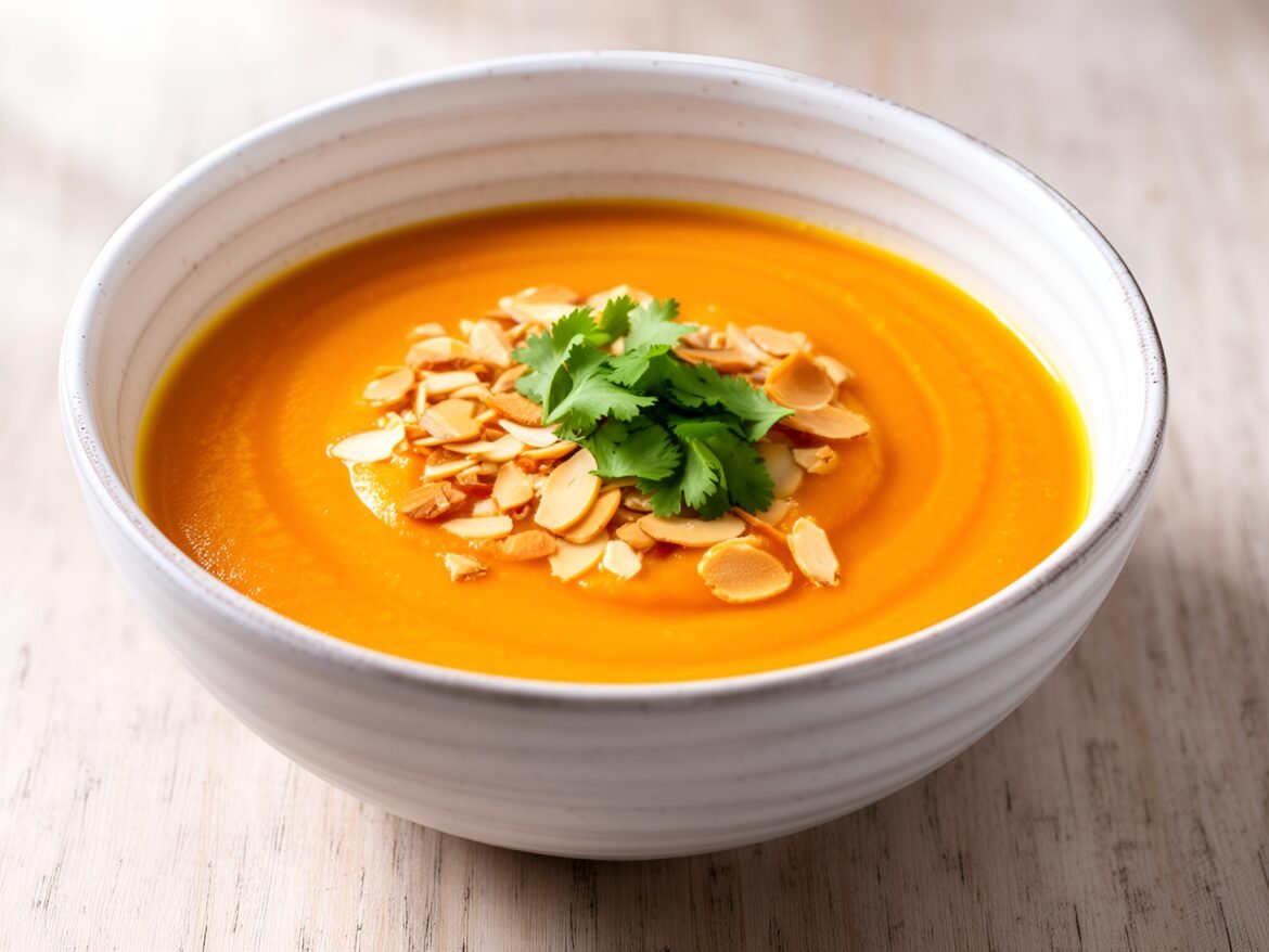 Zesty Lemon-Ginger Carrot Soup Topped with Crunchy Almonds and Fresh Cilantro