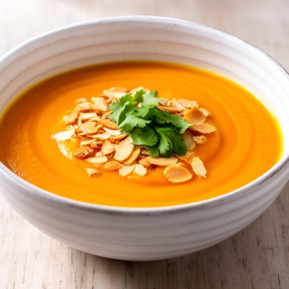 Zesty Lemon-Ginger Carrot Soup Topped with Crunchy Almonds and Fresh Cilantro