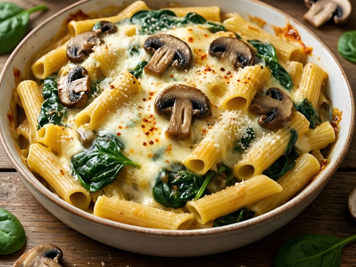 Cheesy Spinach and Mushroom Pasta Bake with Garlic Cream Sauce