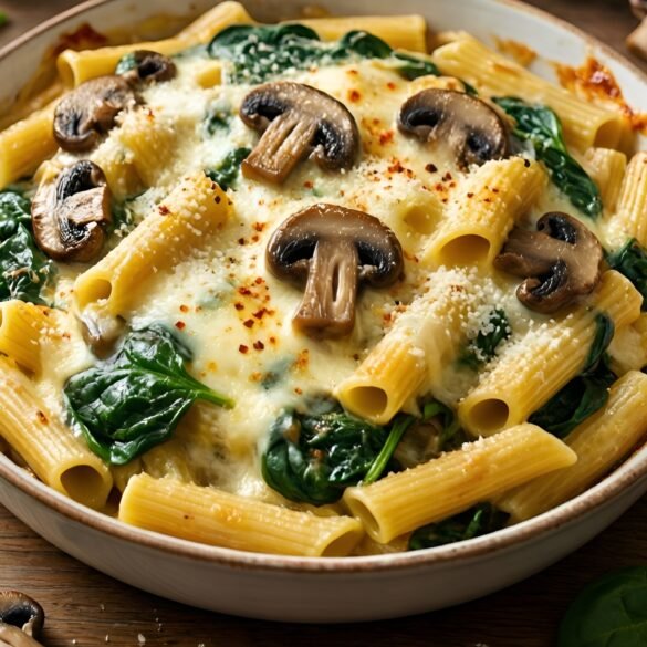Cheesy Spinach and Mushroom Pasta Bake with Garlic Cream Sauce