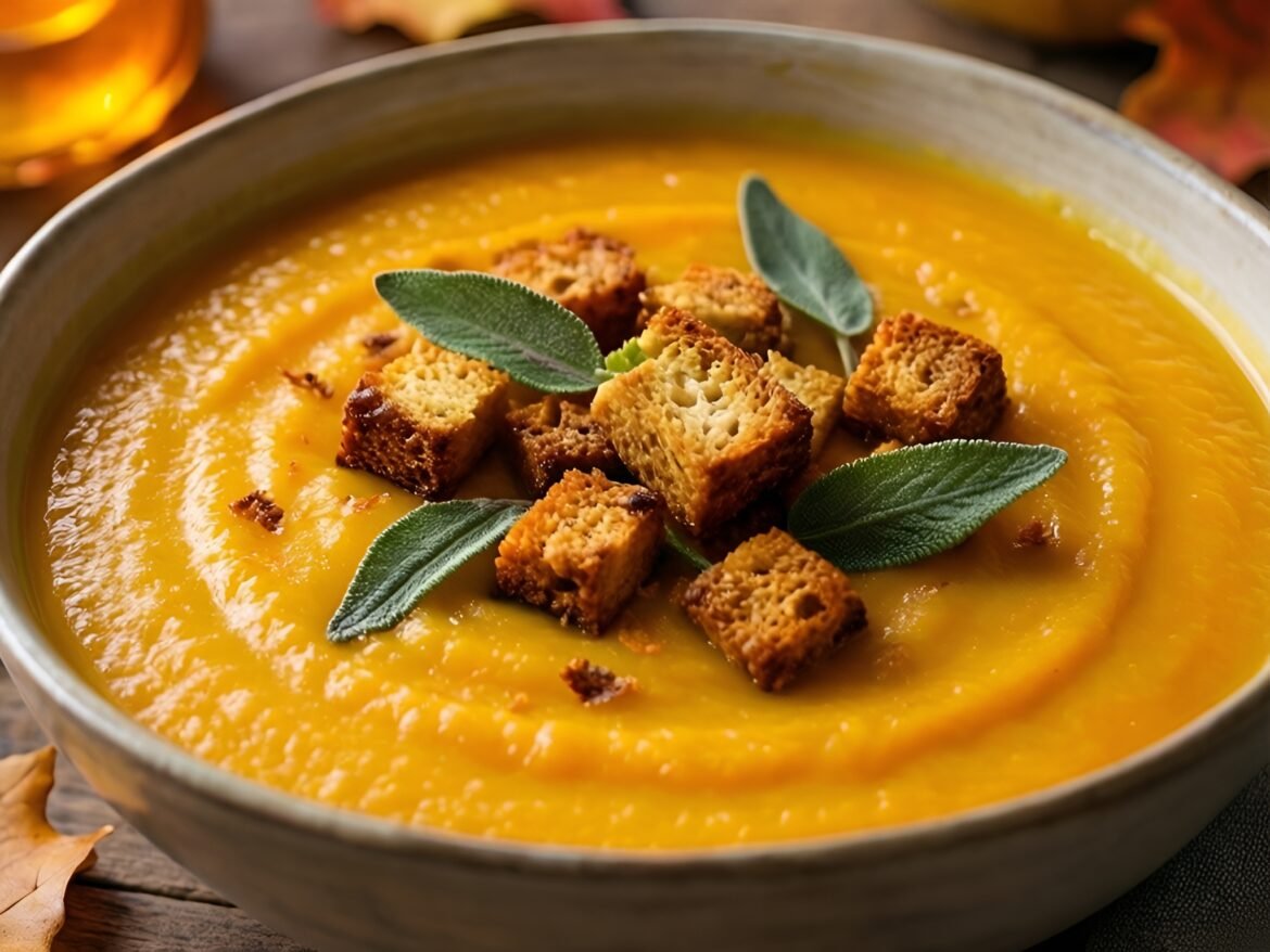 Creamy Butternut Squash and Apple Soup with Crispy Sage Croutons