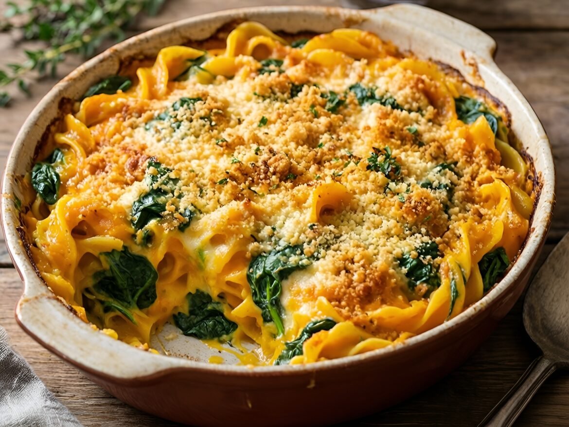Creamy Herbed Pumpkin and Spinach Pasta Bake