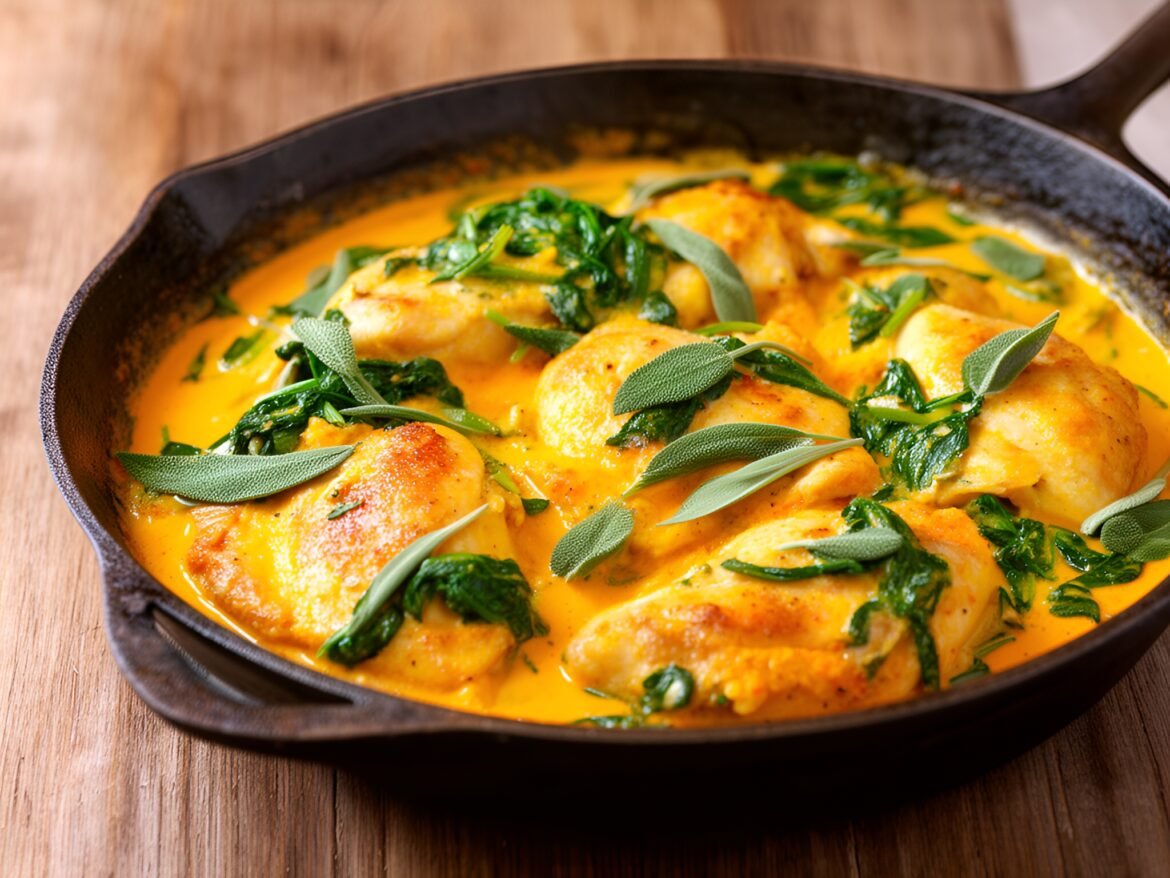 Creamy Pumpkin Sage Chicken Skillet with Spinach