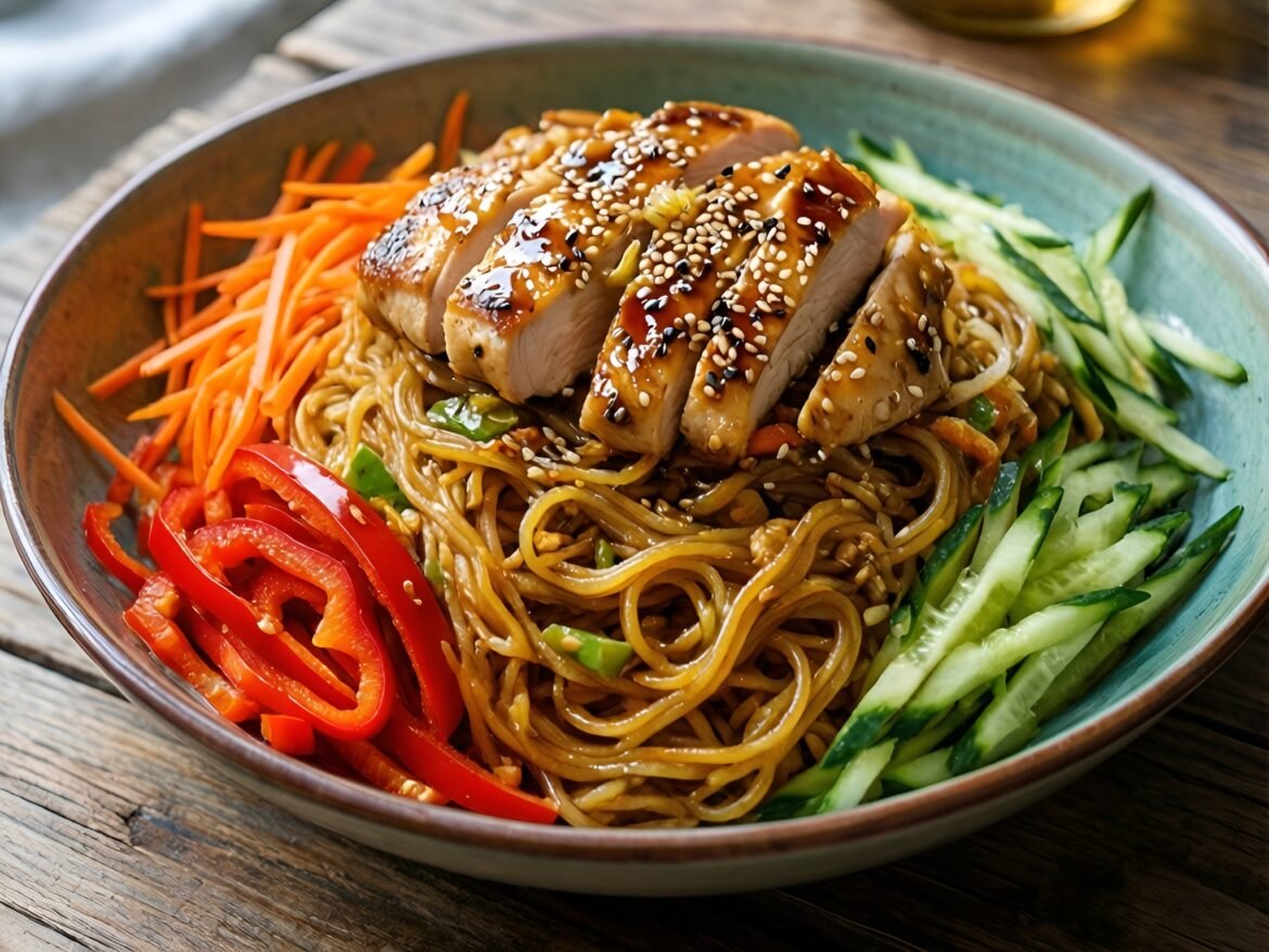 Crispy Asian Sesame Noodle Salad with Grilled Chicken
