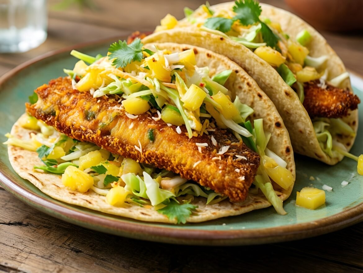 Crispy Coconut-Curry Tilapia Tacos with Pineapple Slaw