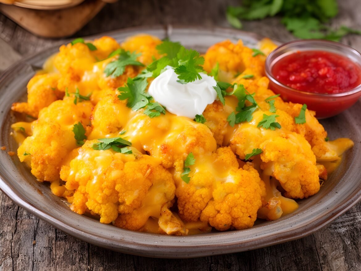Crispy Savory Cauliflower Nacho Bites with Cheesy Topping