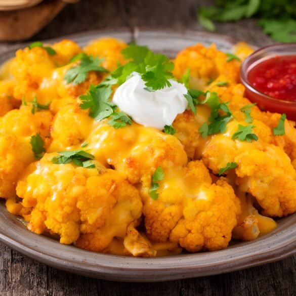 Crispy Savory Cauliflower Nacho Bites with Cheesy Topping