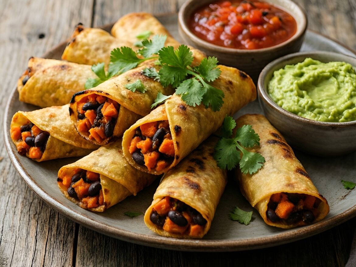 Crispy Zesty Sweet Potato and Black Bean Taquitos