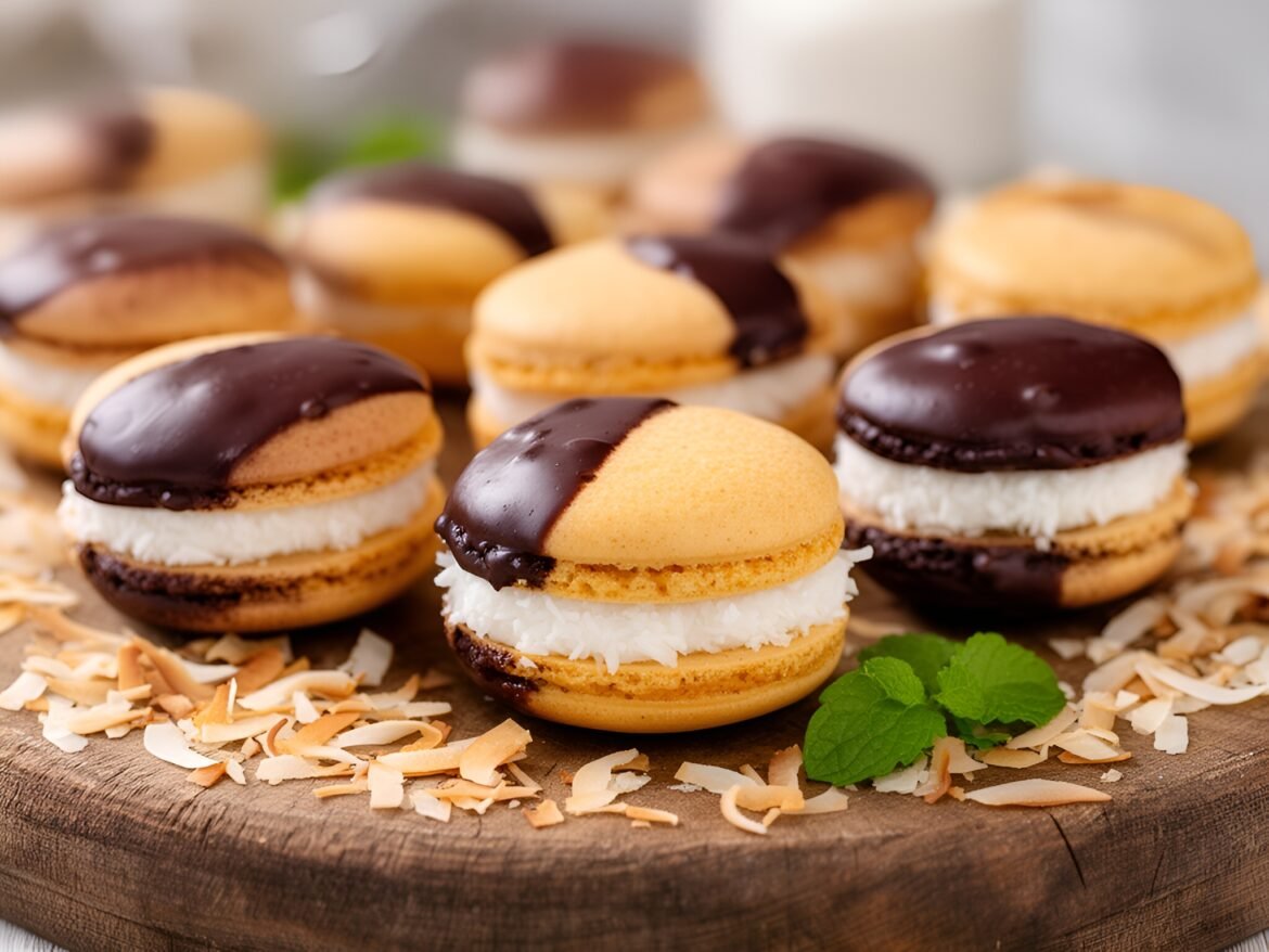 Decadent Chocolate-Dipped Coconut Macaron Sandwiches