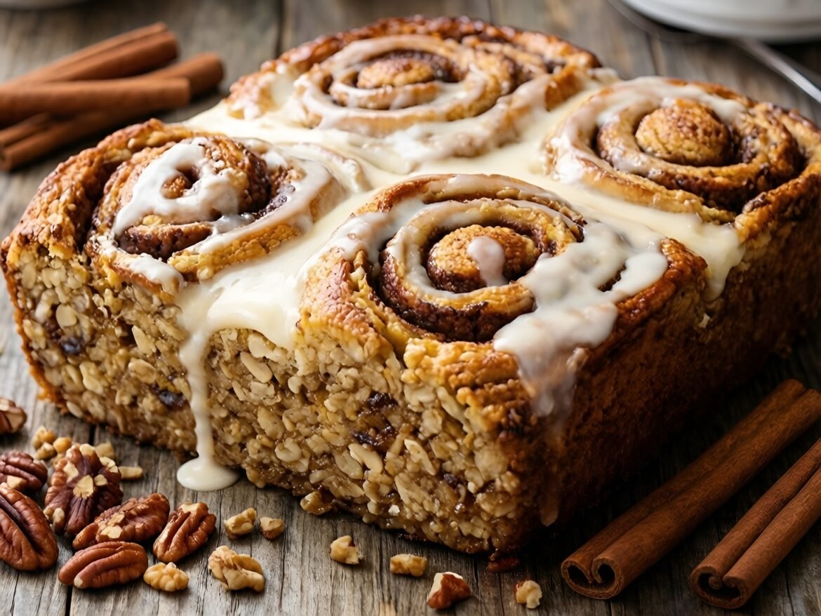 Decadent Cinnamon Roll Oatmeal Bake with Cream Cheese Drizzle