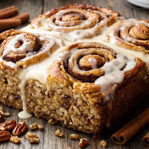 Decadent Cinnamon Roll Oatmeal Bake with Cream Cheese Drizzle