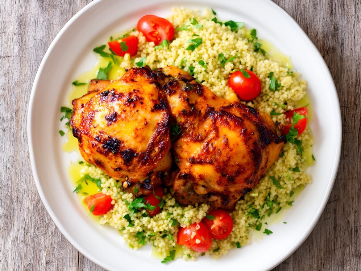 Fiery Harissa Chicken Thighs with Mediterranean Couscous