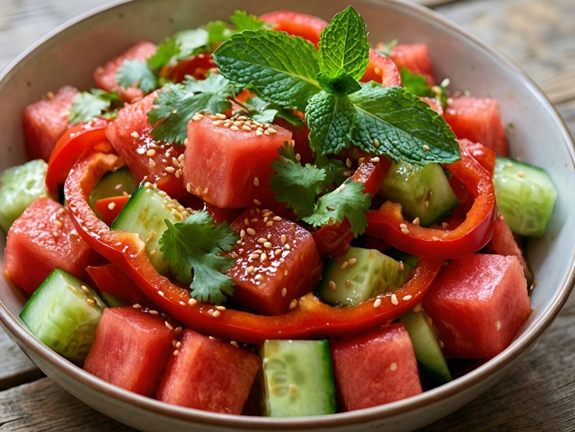 Fiery Thai Watermelon Salad with Sesame Dressing
