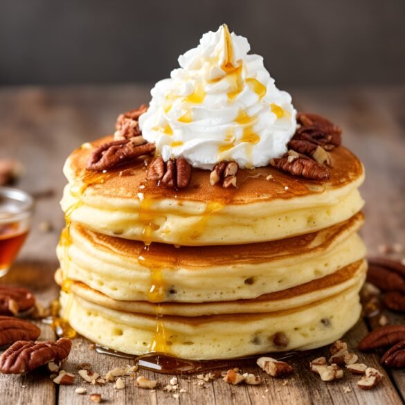 Fluffy Maple Pecan Pancake Stacks with Whipped Cream