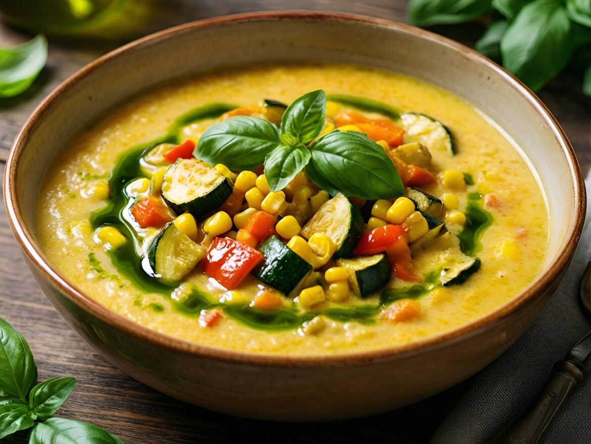 Hearty Roasted Summer Vegetable Chowder with Fresh Basil Oil