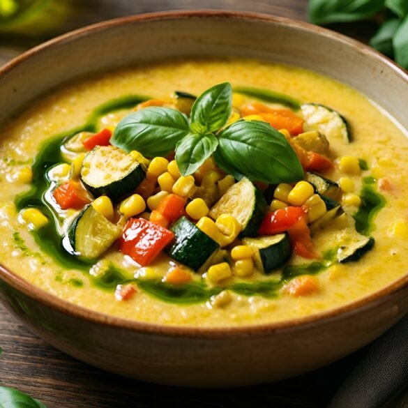 Hearty Roasted Summer Vegetable Chowder with Fresh Basil Oil